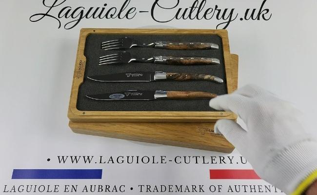 set of 2 laguiole steak knives and 2 forks grapevine wood