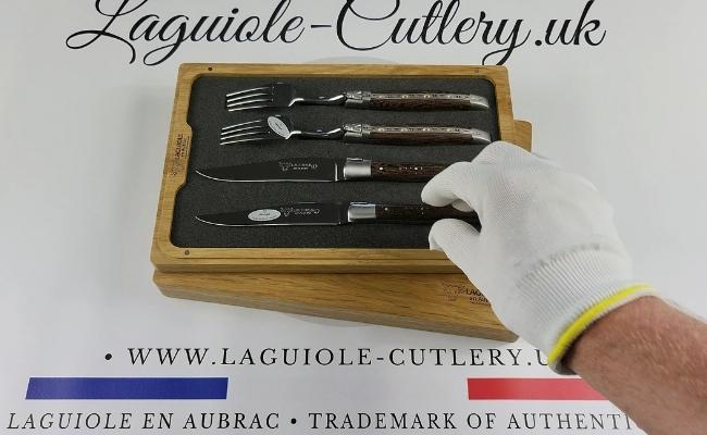 set of 2 laguiole steak knives and 2 forks wenge wood