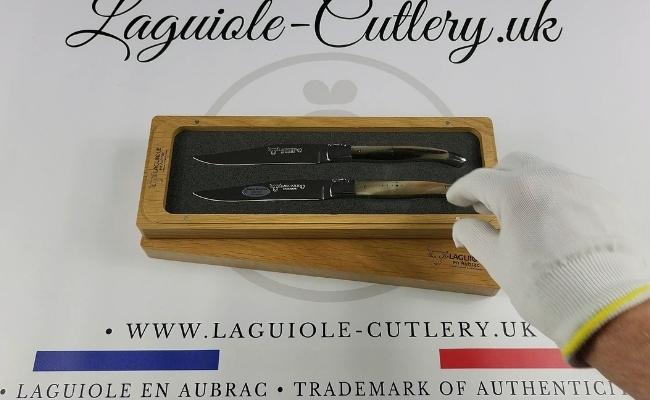 set of 2 laguiole steak knives zebu horn tip handles