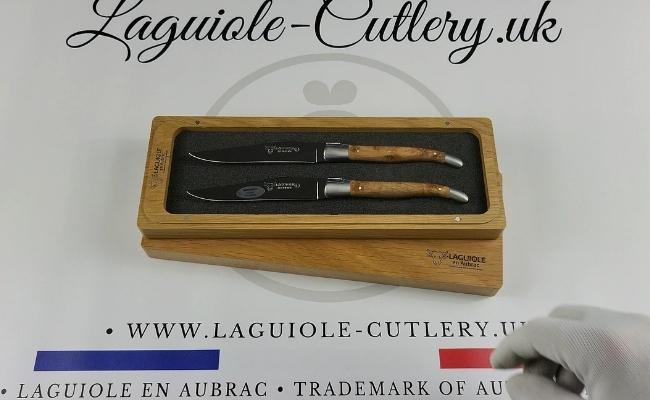 set of 2 laguiole steak knives juniper wood handles