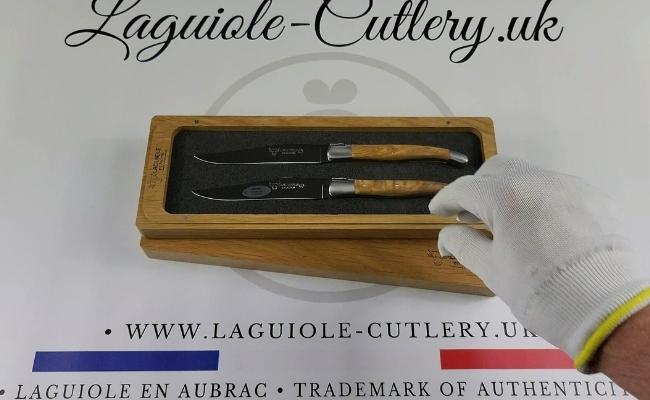 set of 2 laguiole steak knives olivewood handles