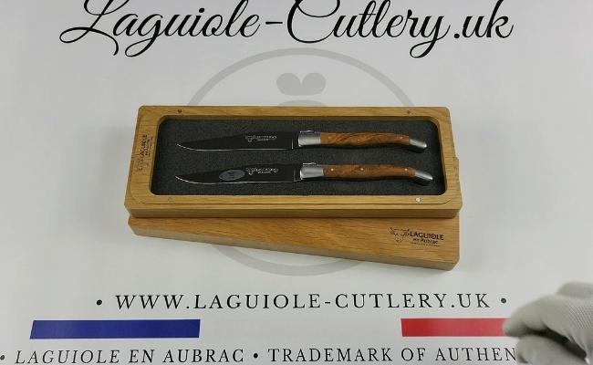 Two Laguiole steak knives with thuya wood handles