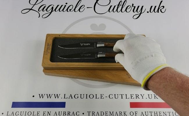 set of 2 laguiole steak knives vine stock wood handles