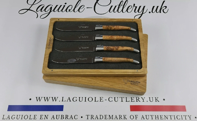 video of set 4 laguiole steak knives juniper wood