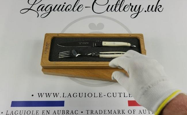 set of 1 laguiole steak knife and 1 fork cattle bone