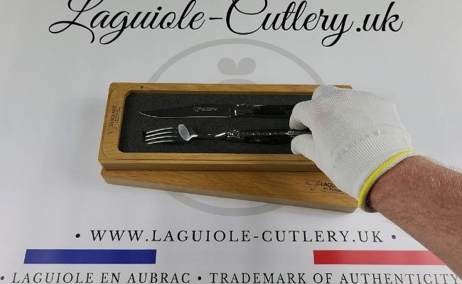 set of 1 laguiole steak knife and 1 fork buffalo horn