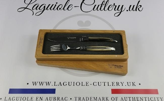 set of 1 laguiole steak knife and 1 fork zebu horn tip