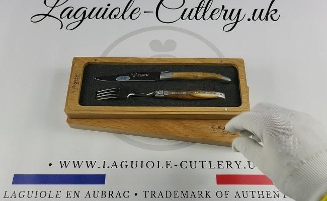 set of 1 laguiole steak knife and 1 fork pistachio wood