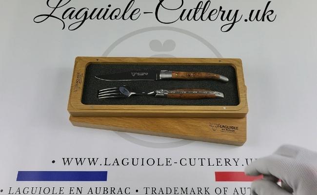 set of 1 laguiole steak knife and 1 fork thuya wood