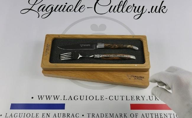 set of 1 laguiole steak knife and 1 fork vine stock wood