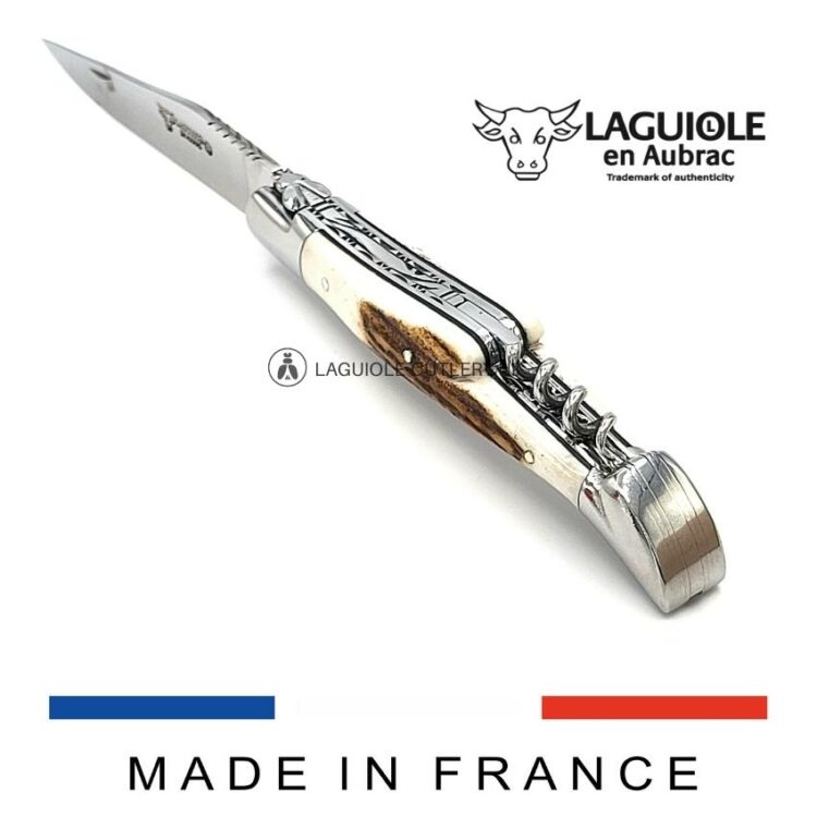 laguiole corkscrew knife stag horn handle double plate chiseled