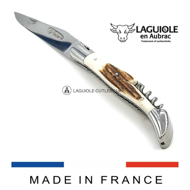 laguiole corkscrew knife stag horn handle double plate chiseled