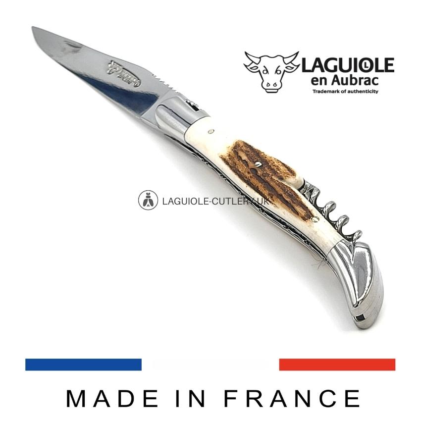 laguiole corkscrew knife stag horn handle double plate chiseled