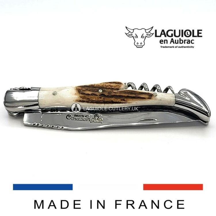 laguiole corkscrew knife stag horn handle double plate chiseled
