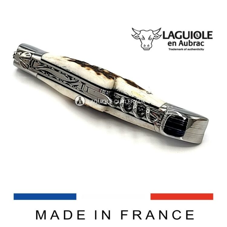 laguiole corkscrew knife stag horn handle double plate chiseled