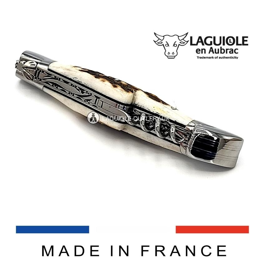 laguiole corkscrew knife stag horn handle double plate chiseled