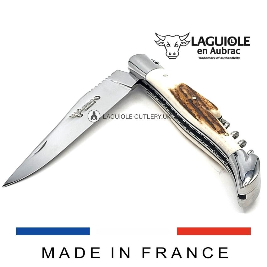laguiole corkscrew knife stag horn handle double plate chiseled
