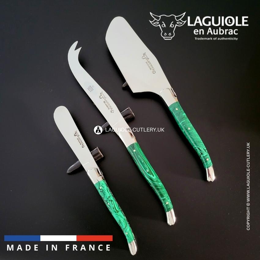 laguiole cheese knives set of 3 malachite stone