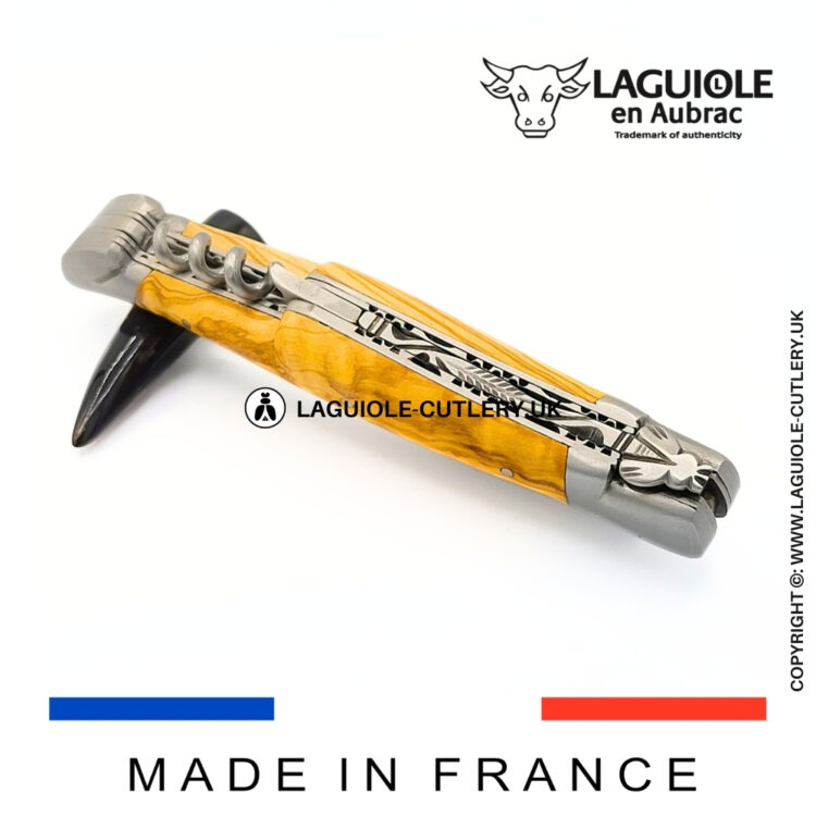 laguiole knife double plates with corkscrew olivewood