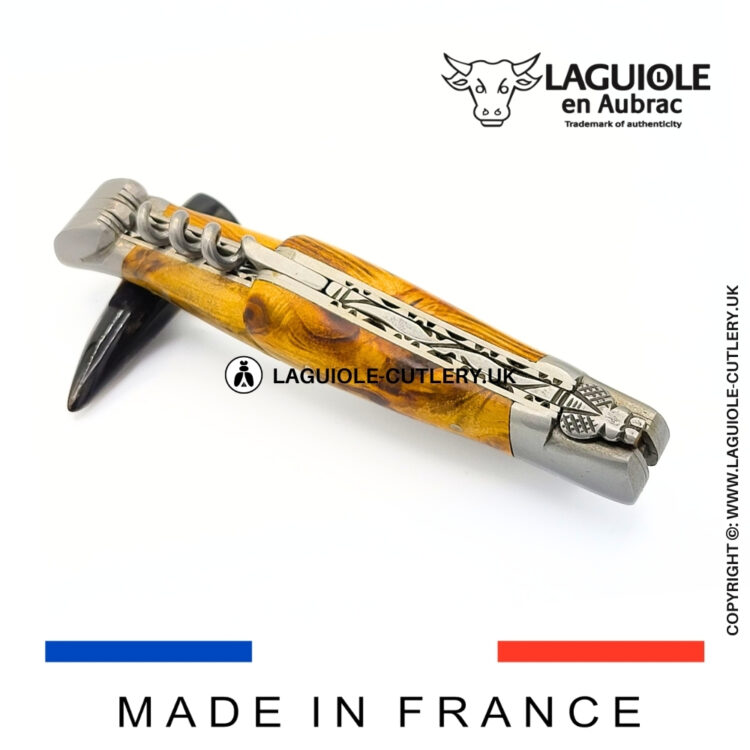 laguiole knife double plates with corkscrew pistachio wood