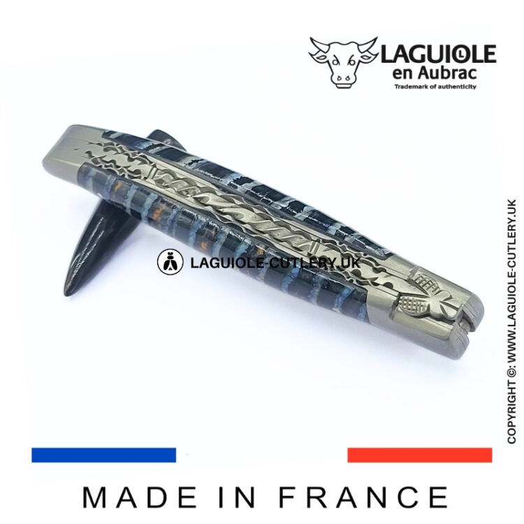 laguiole blue mammoth molar pocket knife with hand filed double plates