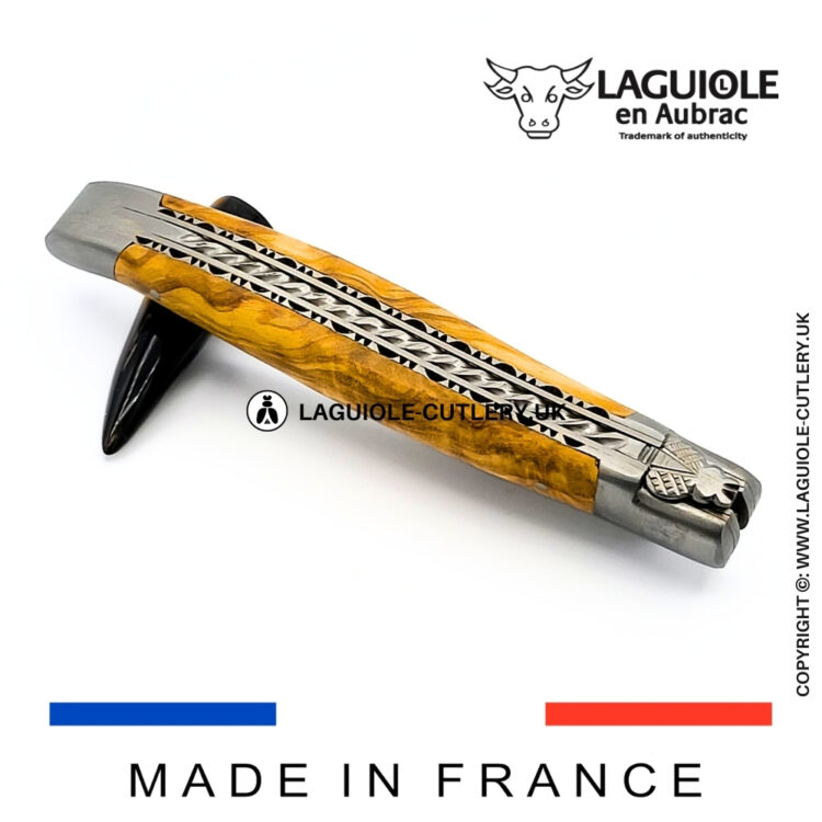 laguiole olivewood pocket knife with hand filed double plates and spiral spring