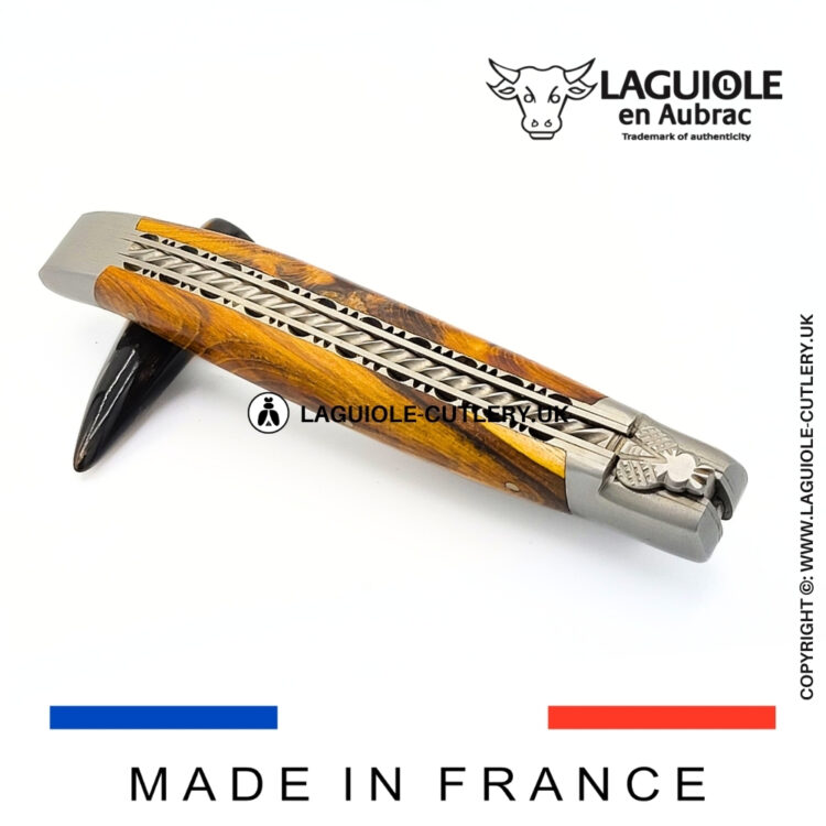 laguiole pistachio wood pocket knife with hand filed double plates and spiral spring