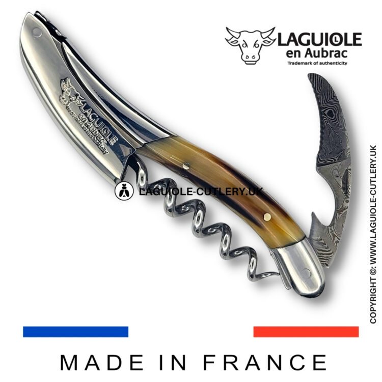 laguiole sommelier corkscrew damascus blade zebu horn tip