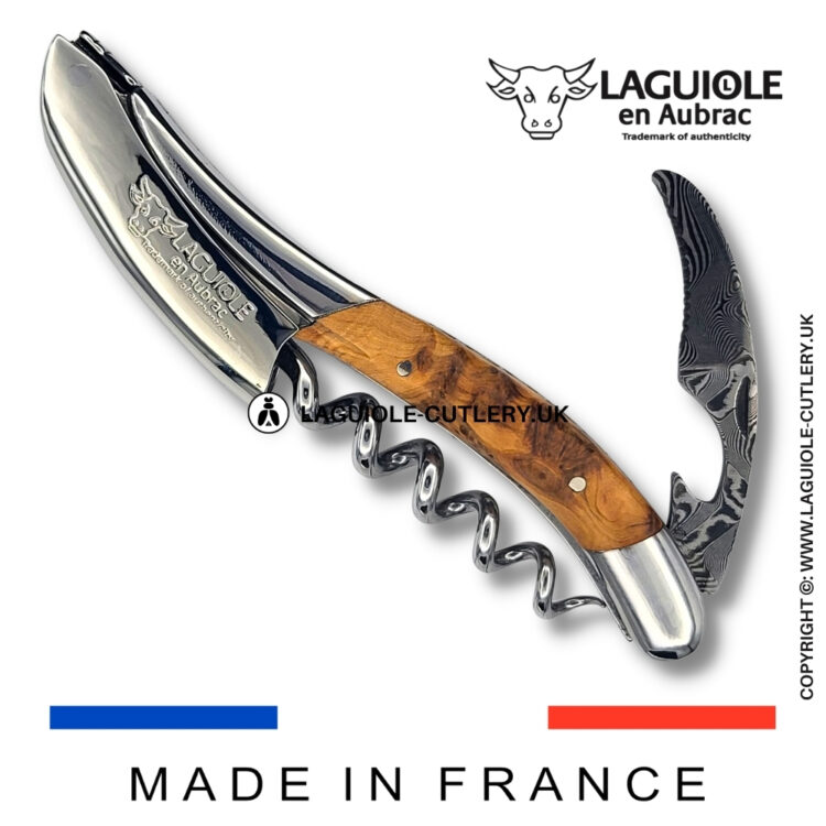 laguiole sommelier corkscrew damascus blade juniper wood