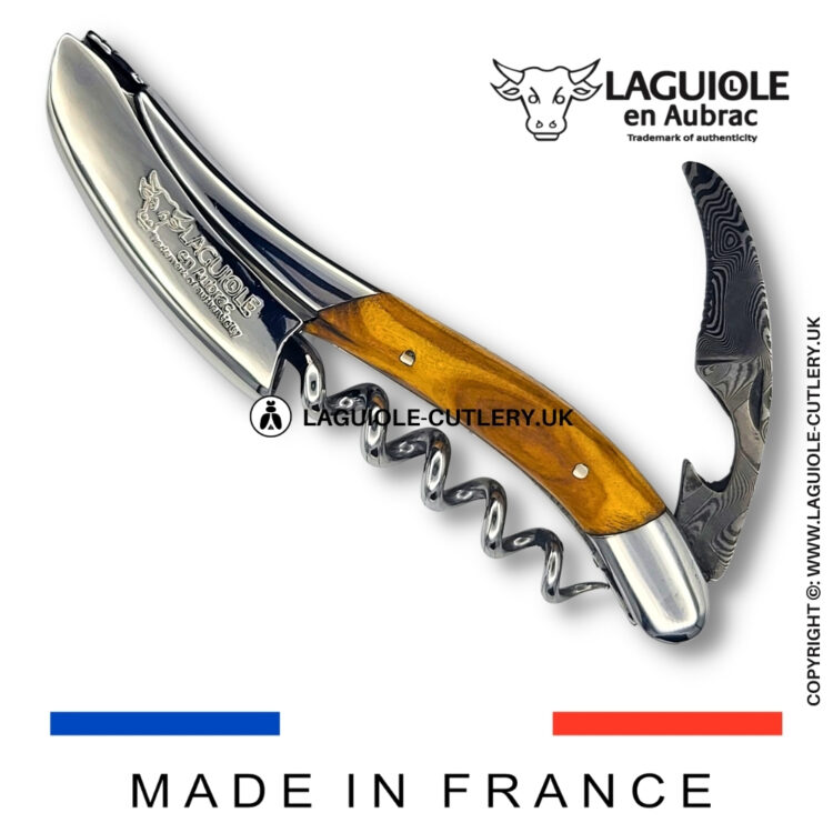 laguiole sommelier corkscrew damascus blade olive wood