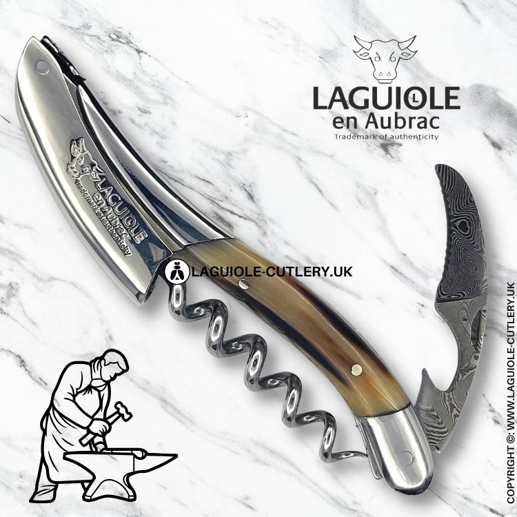 laguiole waiter's corkscrew damascus blade zebu horn tip