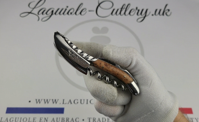 video laguiole sommelier corkscrew with twisted bolster juniper wood