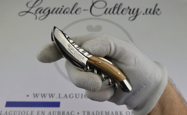 video laguiole waiter's corkscrew with Twisted Bolster olivewood