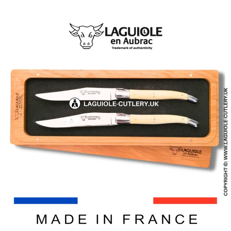 set of 2 laguiole steak knives cow bone