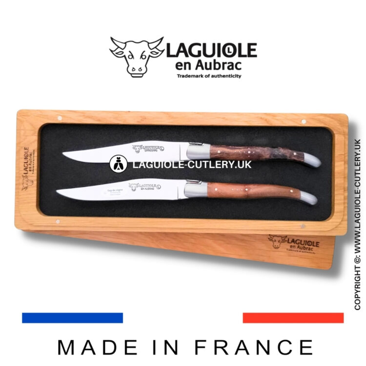 set of 2 laguiole steak knives grapevine wood