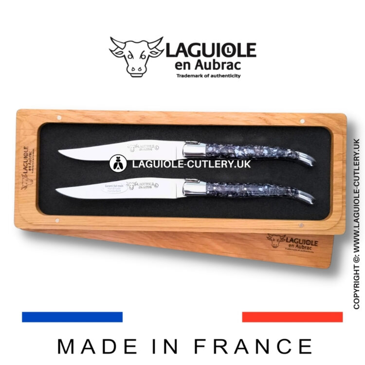 set of 2 laguiole steak knives mussel shells
