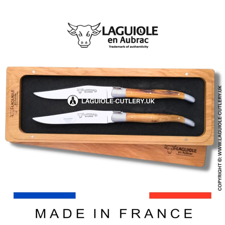 set of 2 laguiole steak knives pistachio wood