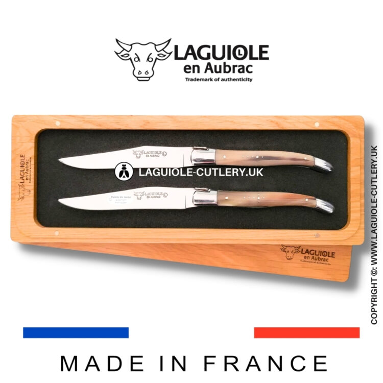 set of 2 laguiole steak knives zebu horn tip