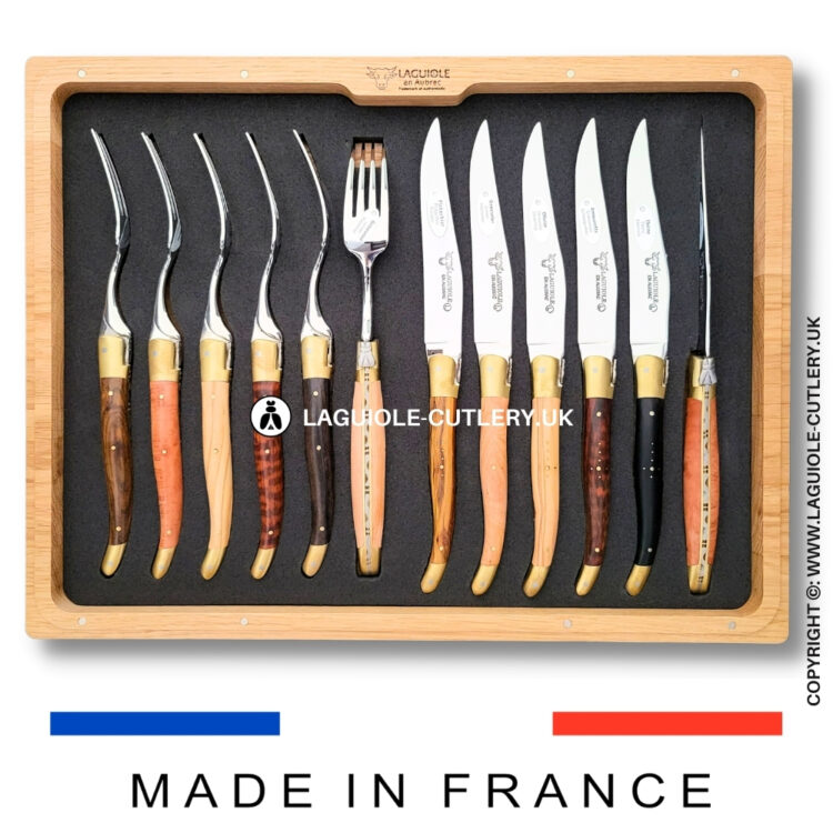 laguiole 12 piece knife & fork set 6 mixed wood – brass bolsters