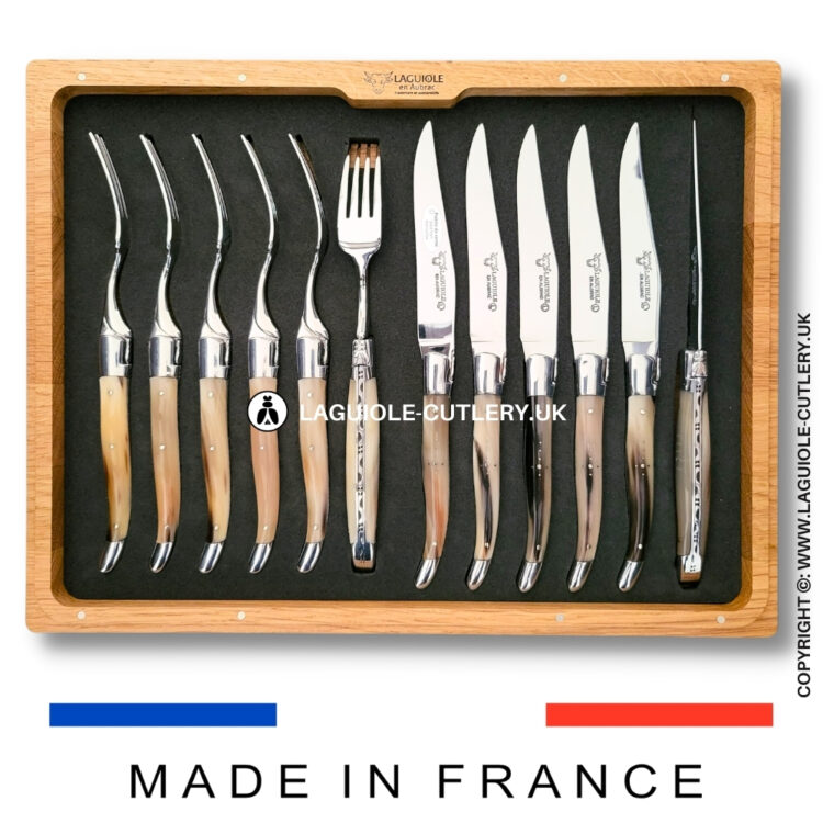 laguiole 12 piece knife & fork set zebu horn tip