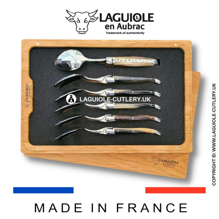set of 6 laguiole dessert spoons zebu horn tip