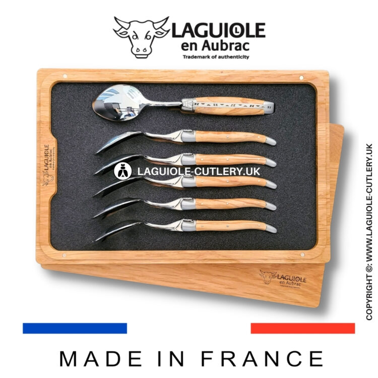 set of 6 laguiole dessert spoons olive wood