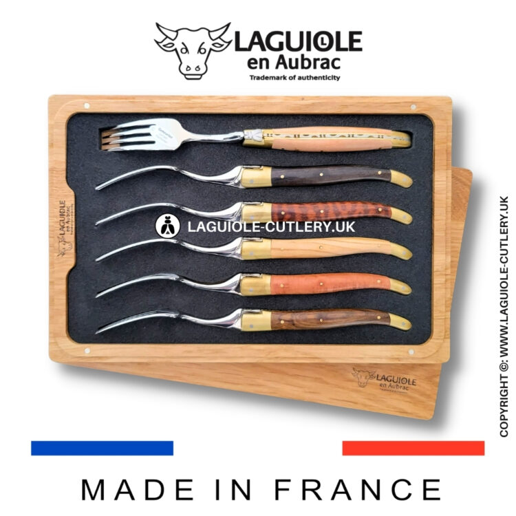 set of 6 laguiole forks mixed wood – brass bolsters