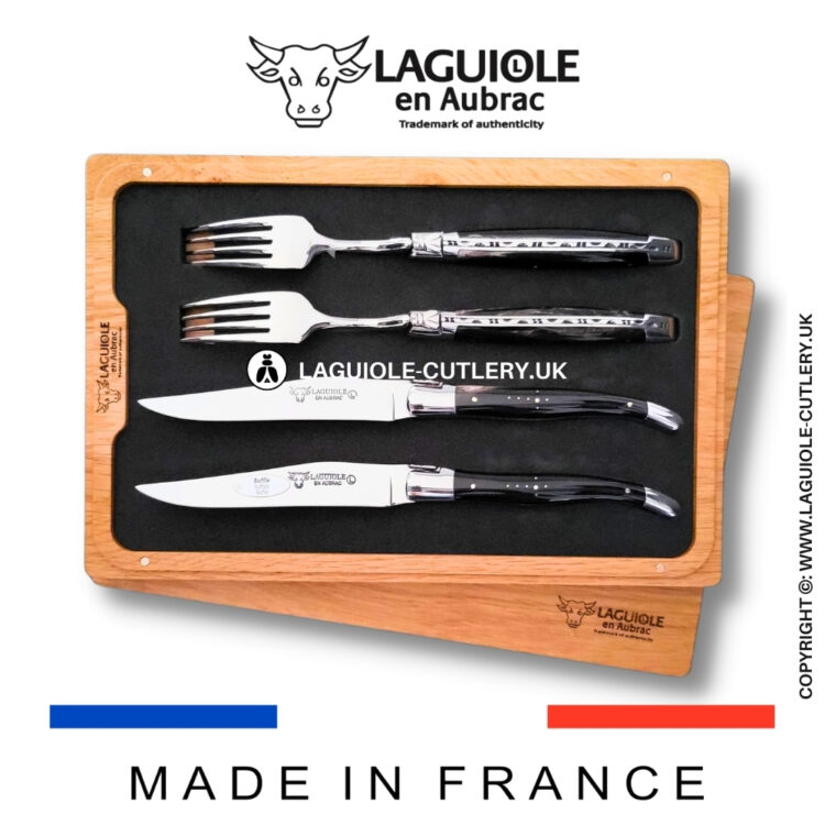 set of 2 laguiole steak knives and 2 forks buffalo horn