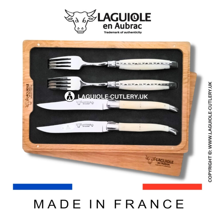 set of 2 laguiole steak knives and 2 forks cow bone