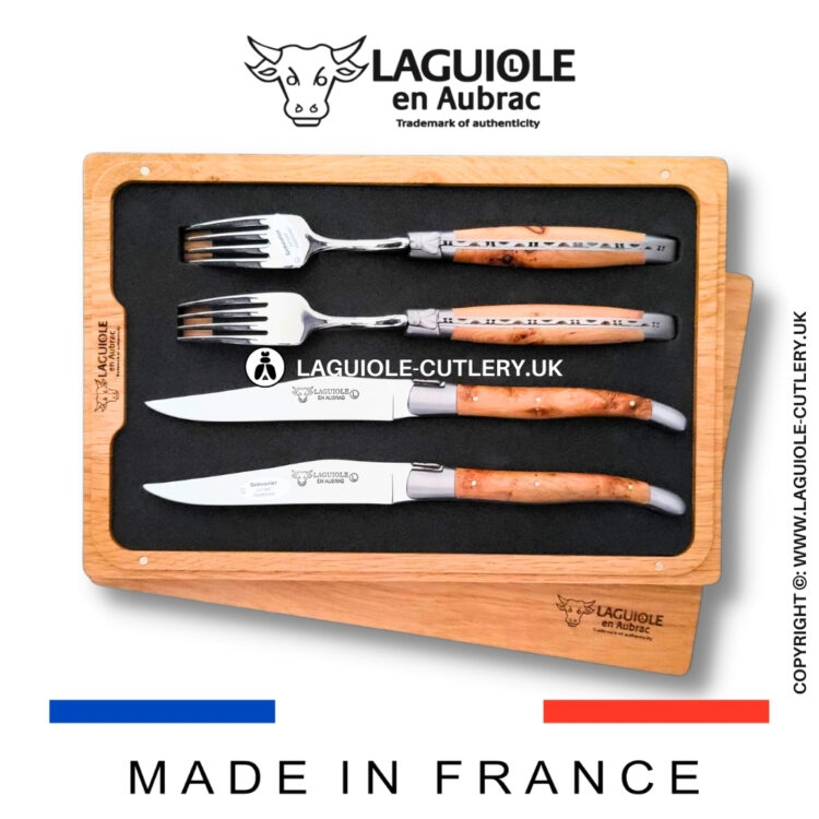 set of 2 laguiole steak knives and 2 forks juniper wood