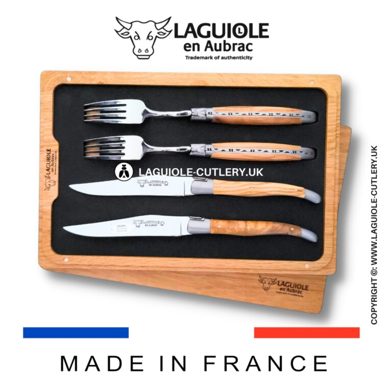 set of 2 laguiole steak knives and 2 forks olive wood