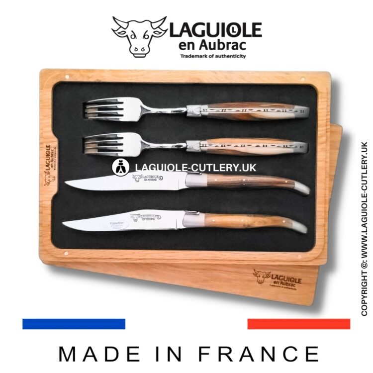 set of 2 laguiole steak knives and 2 forks pistachio wood