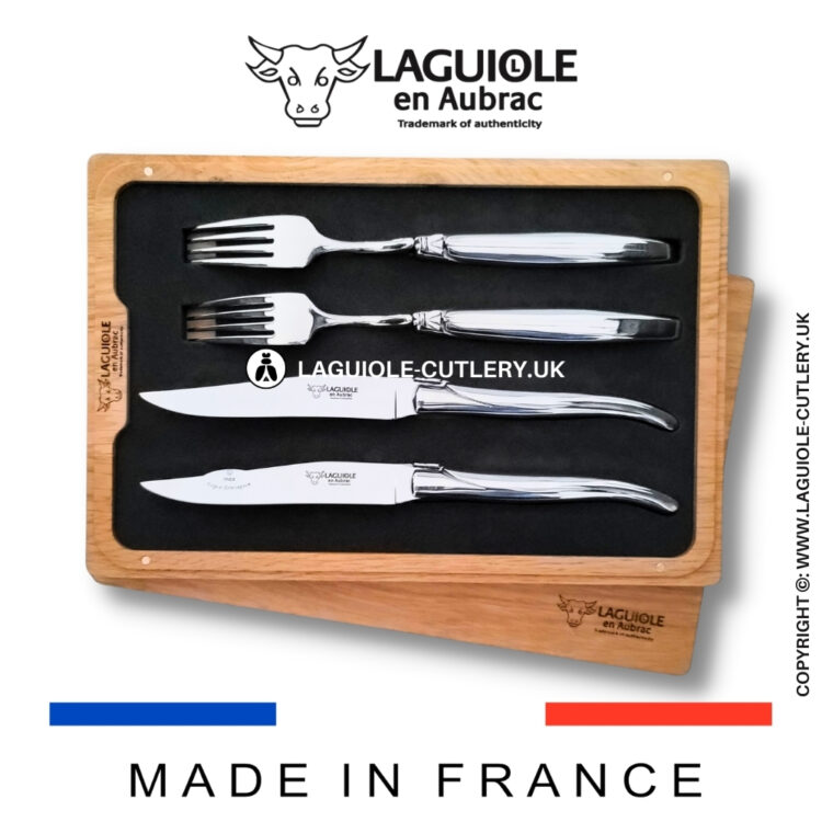 set of 2 laguiole steak knives and 2 forks stainless steel shiny
