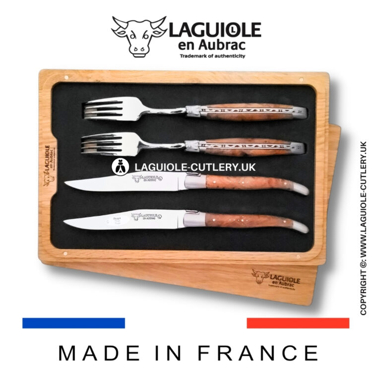 set of 2 laguiole steak knives and 2 forks thuya wood
